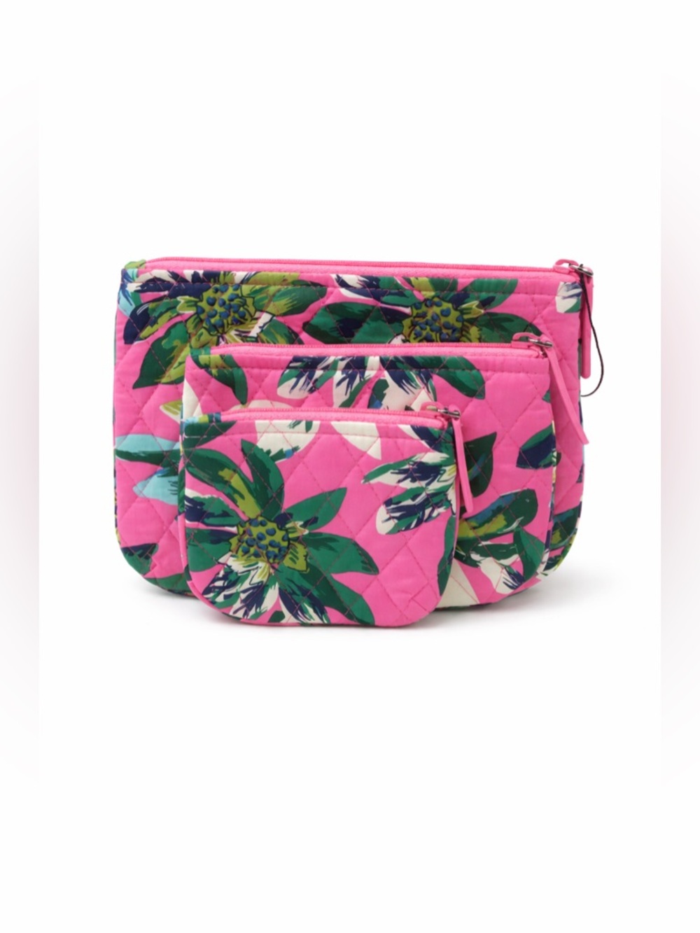 VERA BRADLEY Tropical Paradise Pink and Green Floral Cosmetic Bag 3 Pc Set NEW
